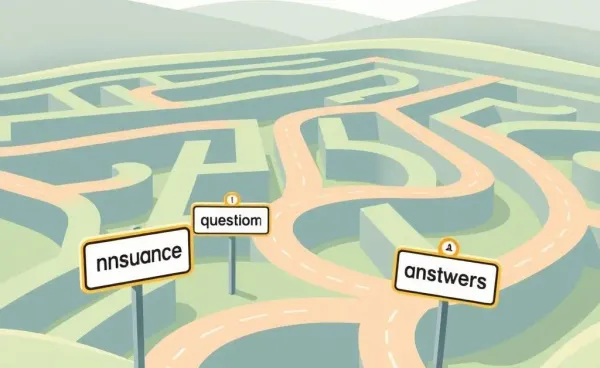 A cartoon maze with road signs for guiding insurance decisions