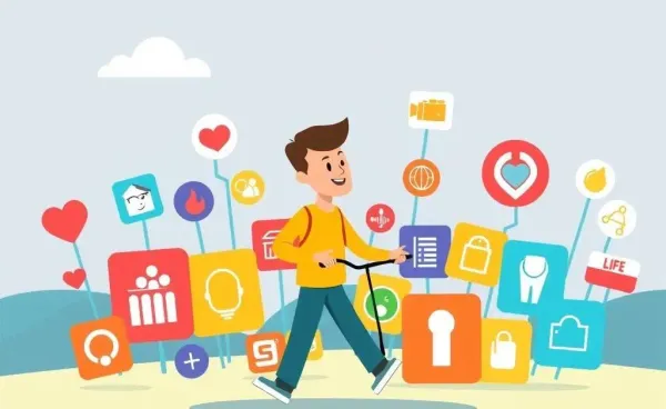 A person navigating through icons of different insurance types.