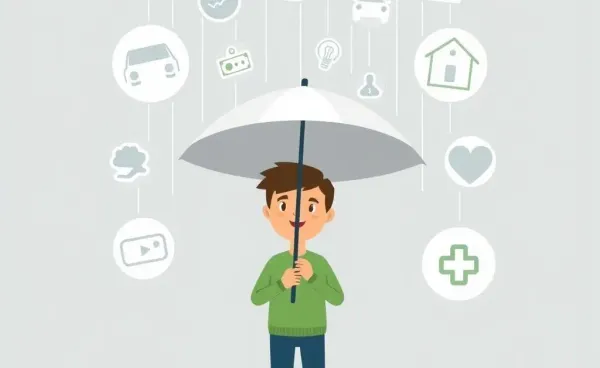 A person holding an umbrella with insurance policy icons around them