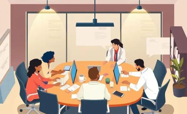 Insurance professionals discussing salaries around a desk in an office.