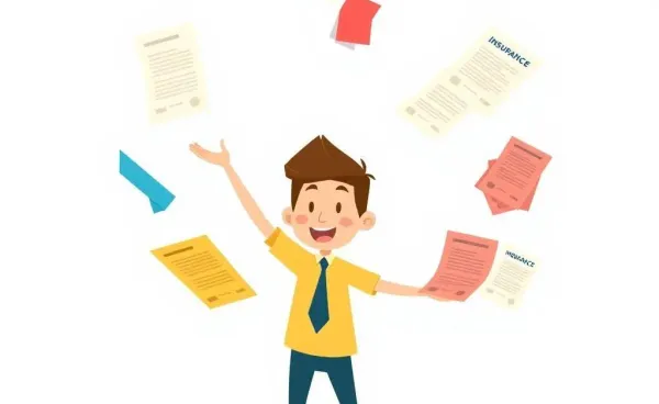 A person juggling various colorful insurance documents