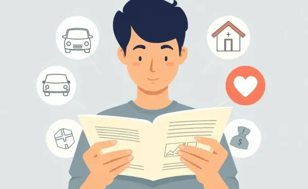 Illustration of a person considering different types of insurance policies with various icons.