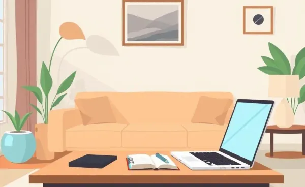 A cozy living room setup for planning insurance choices with a laptop and notebook.