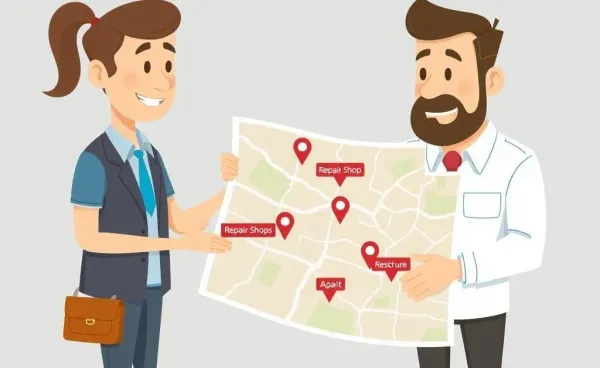 Insurance adjuster pointing to a map with repair shops