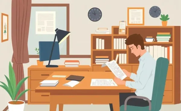 Person reviewing insurance documents in a cozy office setting