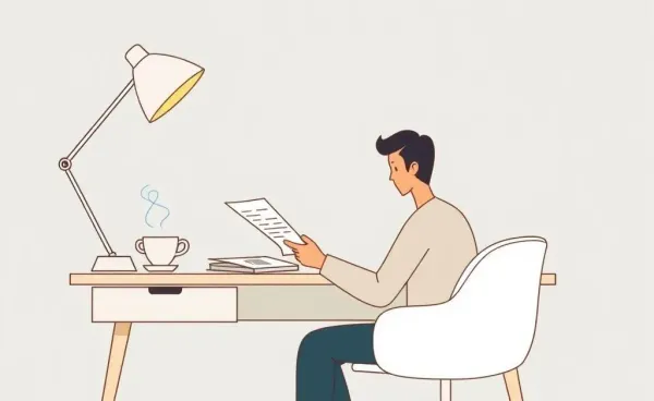 A person reviewing insurance documents at a desk with a cup of tea