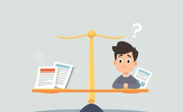 Balancing scale with insurance documents and a puzzled person