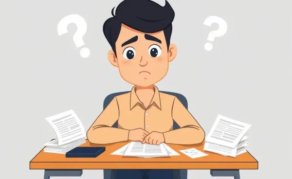 Person at a desk with insurance documents looking confused