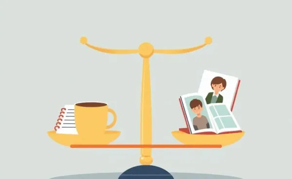 Cartoon-style illustration of a work-life balance scale with work and personal items