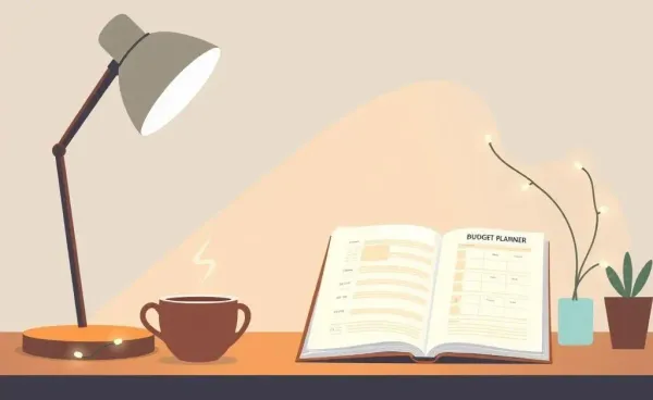 A cozy desk setup with a budget planner and a cup of coffee.