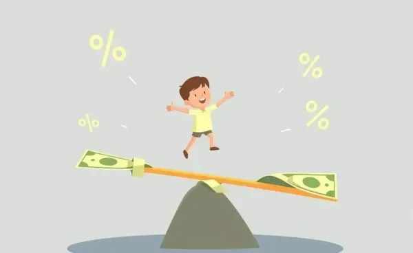 A person balancing on a seesaw made of dollar bills and percentage signs