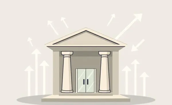 Illustrated bank with arrows showing interest rate changes