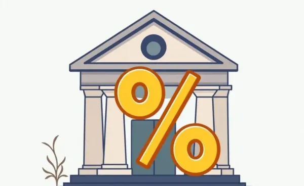 Cartoon illustration of a bank with a percentage sign