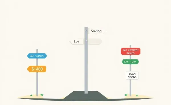 Illustration of crossroads with signs for different interest rates, symbolizing financial choices.