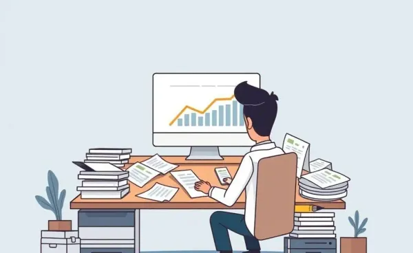 A cartoon person at a desk looking at financial data relating to interest rate cuts.