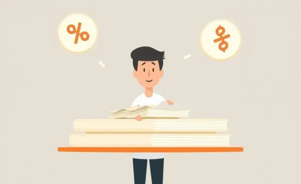 Person balancing financial documents with interest rate symbols.