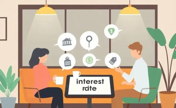 A cozy scene depicting a discussion about interest rates over coffee.