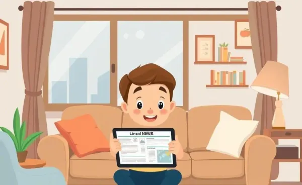 A character reading financial news in a cozy living room