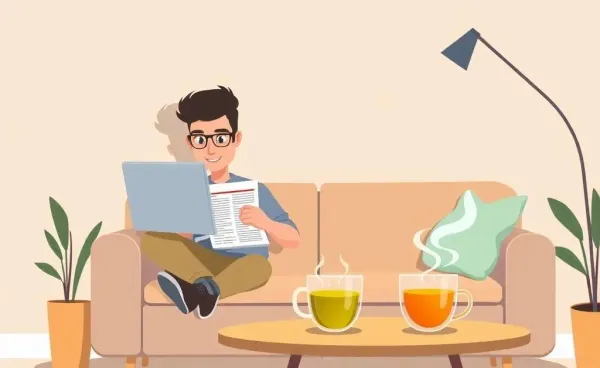 Person reading financial news about interest rate cuts on a laptop in a cozy living room.