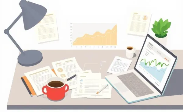 A desk with financial papers and a laptop showing interest rate trends