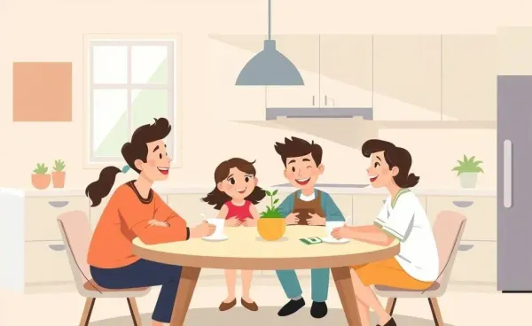 A family discussing finances around a kitchen table.