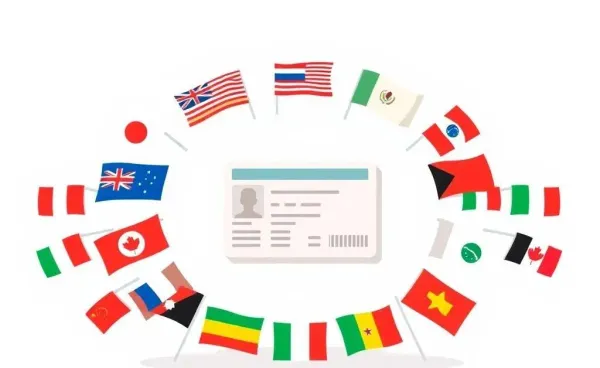 Illustration of an international driver's license with flags representing various countries.