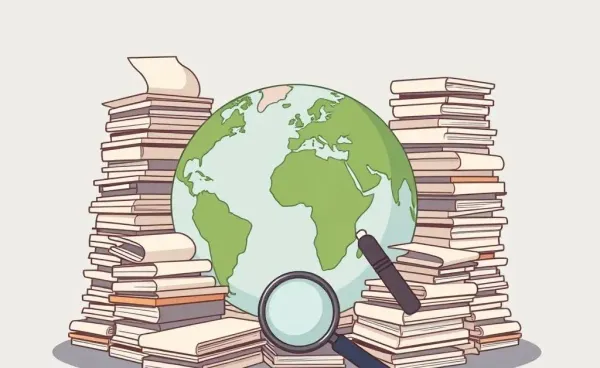 A globe surrounded by documents and a magnifying glass symbolizing international inheritance and taxes