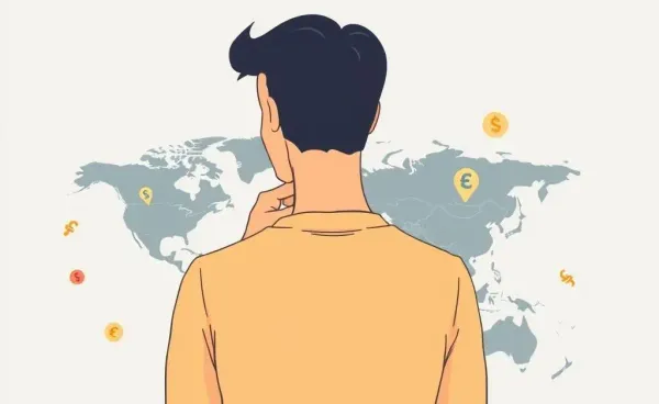Person contemplating global money transfers with a map and currencies