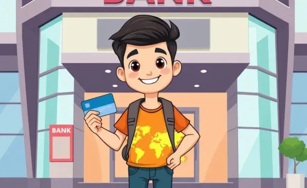 Cartoon illustration of an international student with a bank card outside a bank