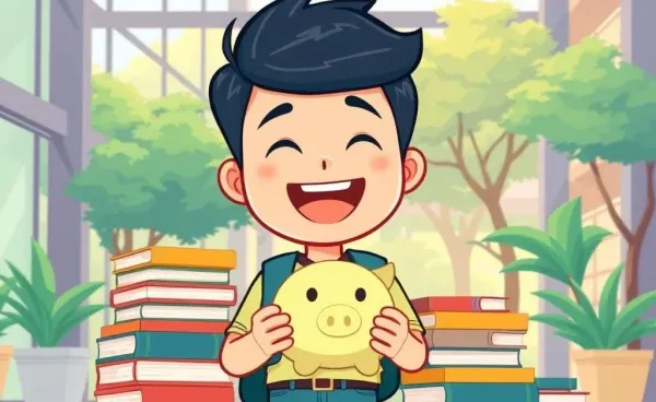 An international student holding a piggy bank surrounded by books at university
