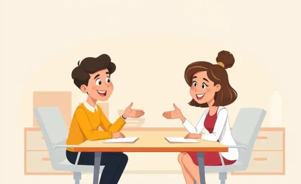 Illustration of a friendly interview setting with two people chatting
