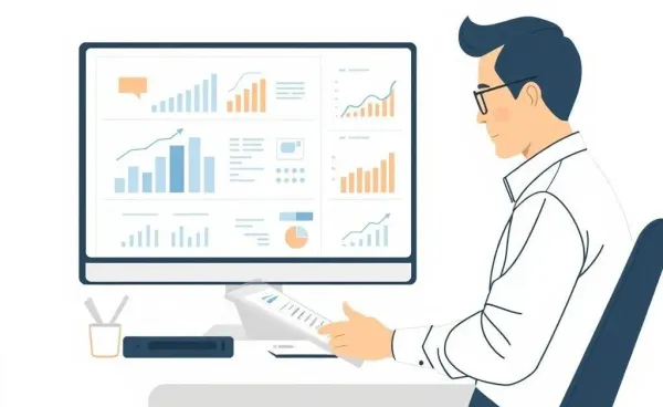 An illustrated accountant analyzing inventory with digital tools