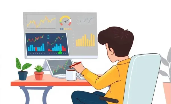 A person at a desk reviewing investment charts on a laptop.