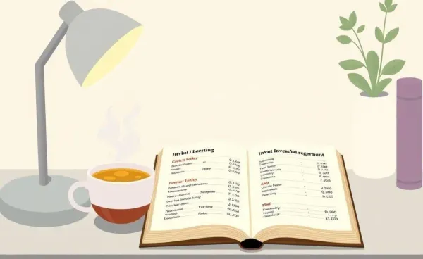 A cozy desk with an open investment book and a cup of tea