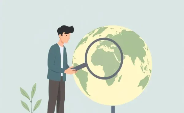 Person viewing a globe with a magnifying glass, symbolizing emerging market investment