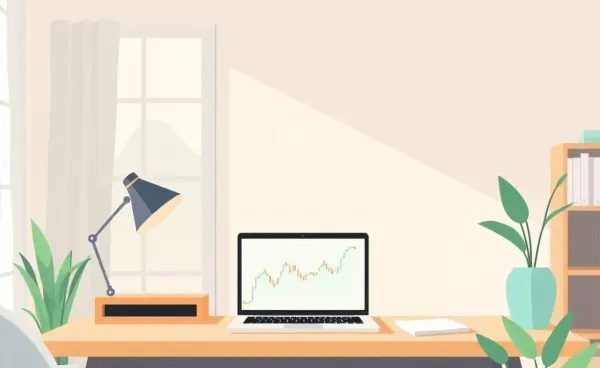 A serene home office desk displaying a laptop with a stock market graph
