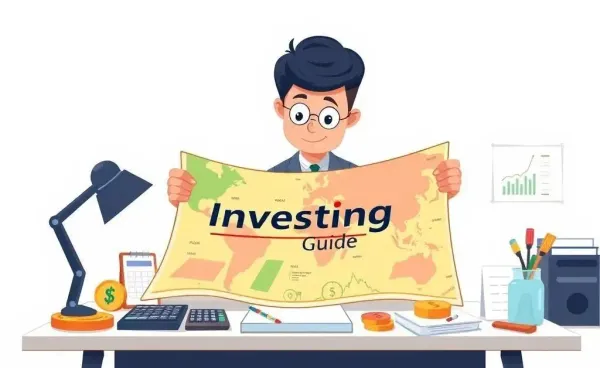 A person exploring an investing guide on a desk with financial tools.