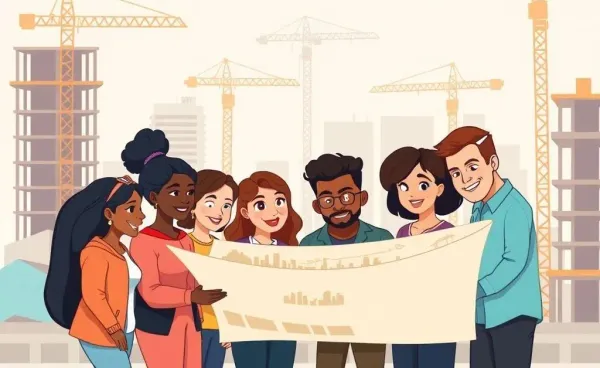 Illustration showing people collaborating at a reconstruction site