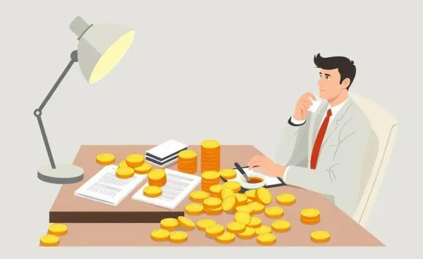 A tranquil scene with gold coins, reports, and a peaceful investor