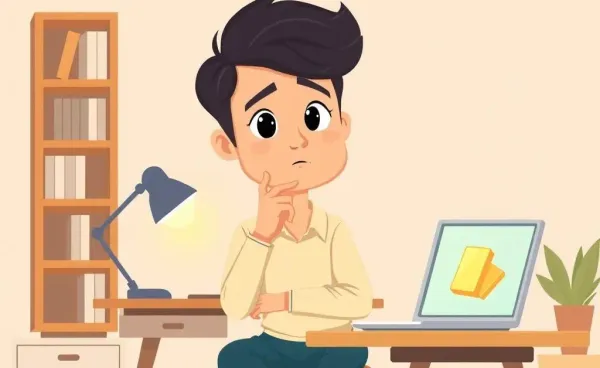 A person pondering gold investments at a desk with a laptop and gold bars.