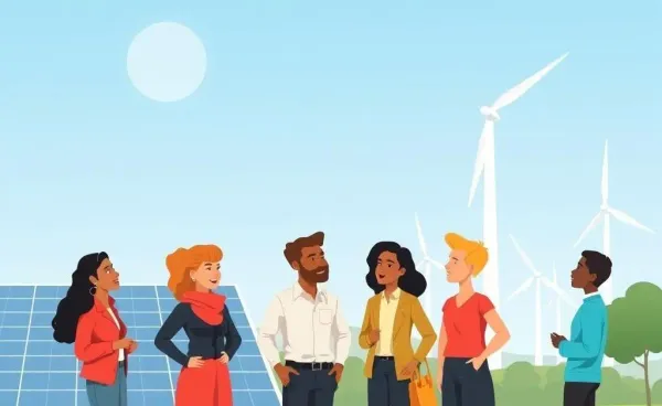 People discussing investments with solar panels and wind turbines in the background