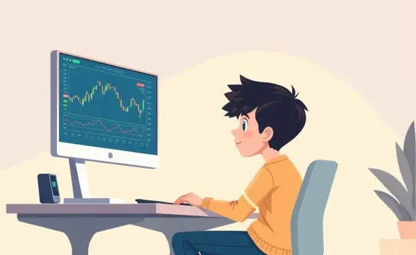 Young person at a desk researching how to start investing.