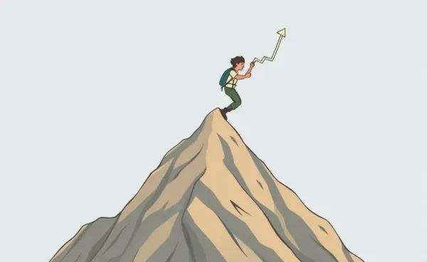 Cartoon image depicting the journey of investing like climbing a mountain