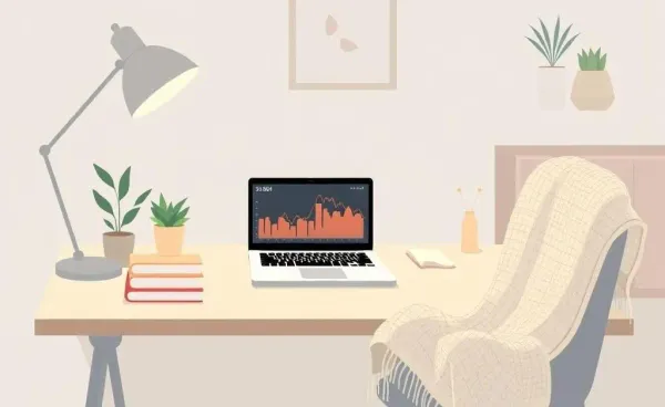 A cartoon-style workspace with investment graphs on a laptop screen
