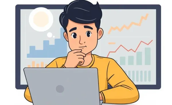 Illustration of a person considering investment options on a laptop.