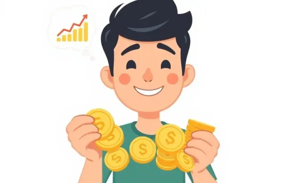 Cartoon person holding coins with a thought bubble of a graph going upwards