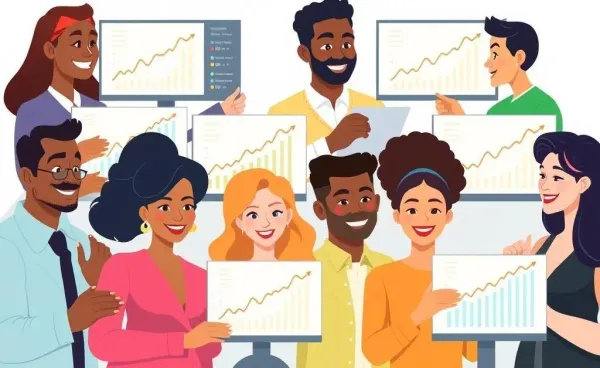 A cartoon-style illustration of diverse individuals confidently looking at investment charts