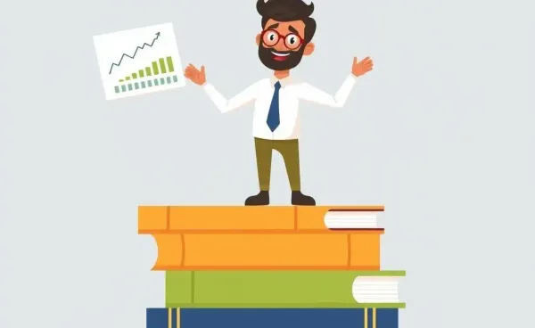 A person holding an investment chart, standing on finance books.