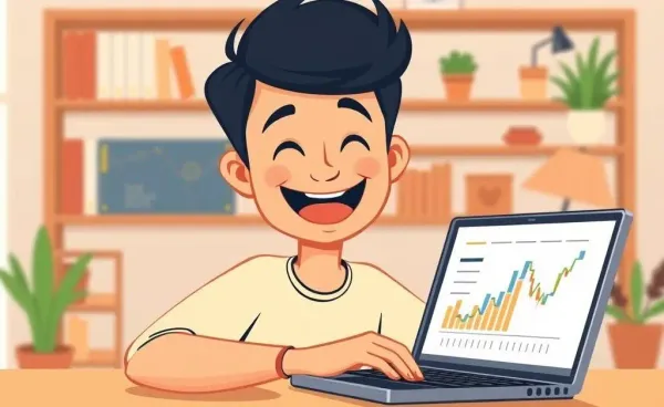 Cartoon image of a person studying financial charts at a home office