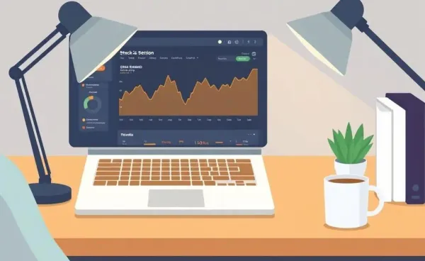 A cozy office desk with a laptop showing a stock dashboard